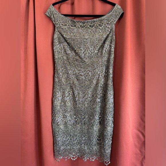 Kay Unger Off the Shoulder Lace and Sequin Overlay Dress - Picture 1 of 7
